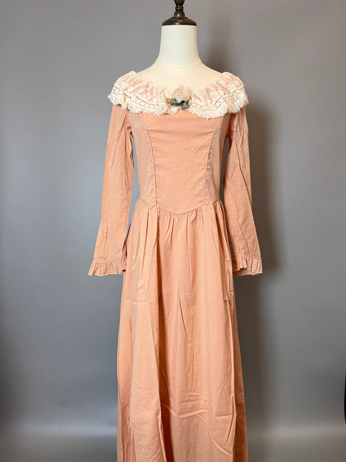 Pink Regency Era Dress with Lace - Pink Maxi Dress with Long Sleeves and Flower Accessories- Regency Dress Plus Size